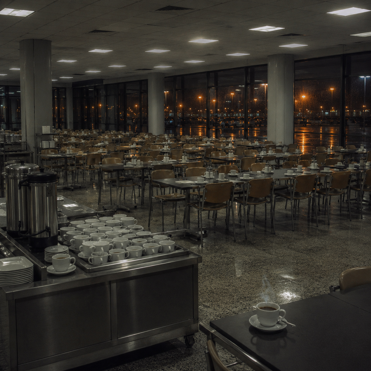 Empty terminal cafeteria prepared with coffee cups