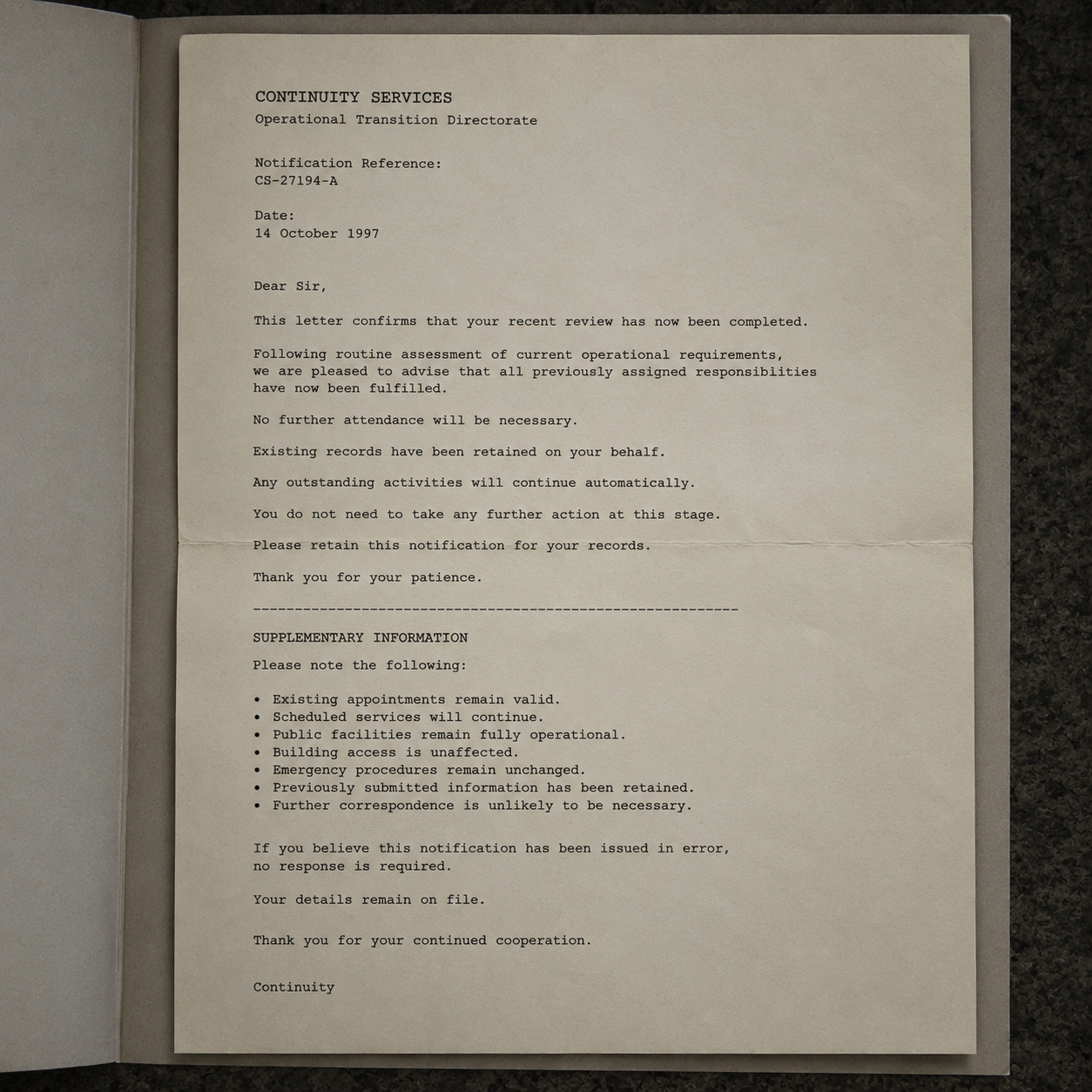 Continuity Services notification letter