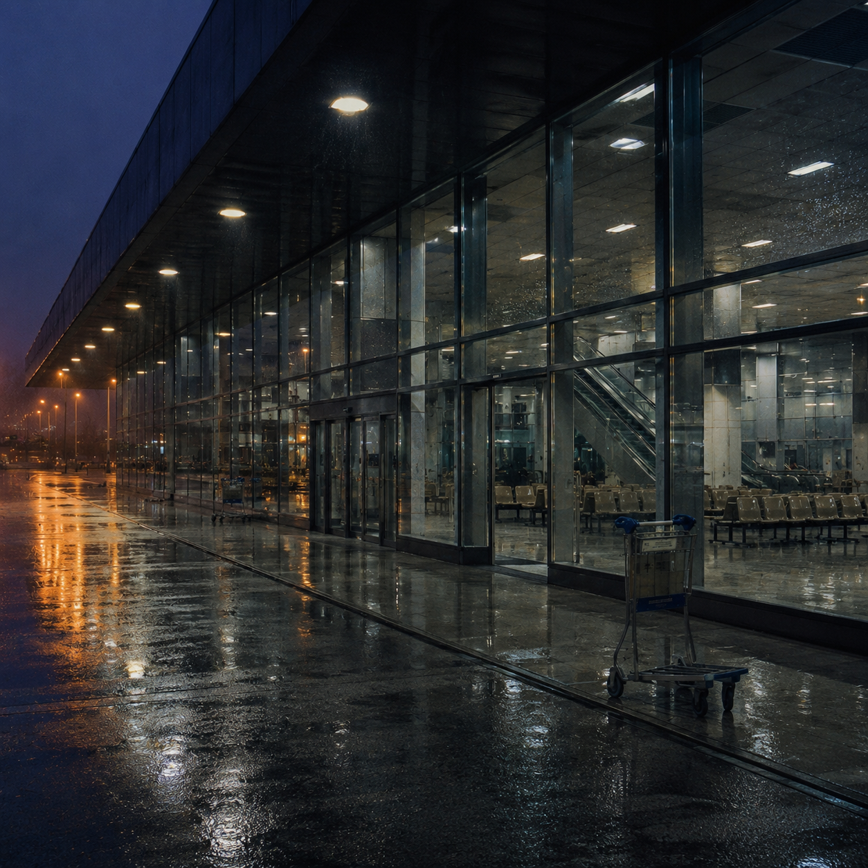 Rainy terminal exterior at night