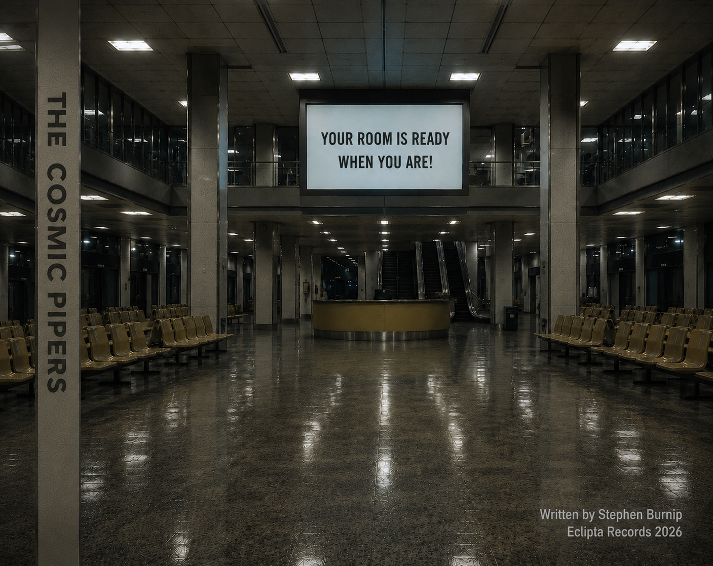 Tray card interior artwork showing an empty terminal and a large screen